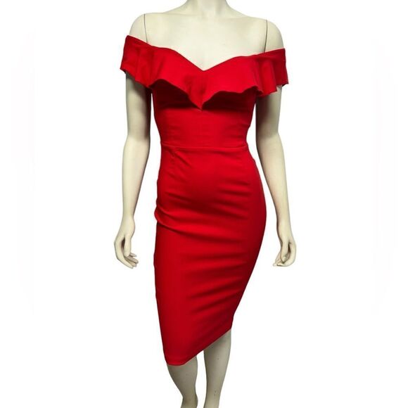 Vesper Red Knee Length Bodycon Dress Off Shoulder Fitted Sexy Red Party Cocktail - Picture 2 of 10